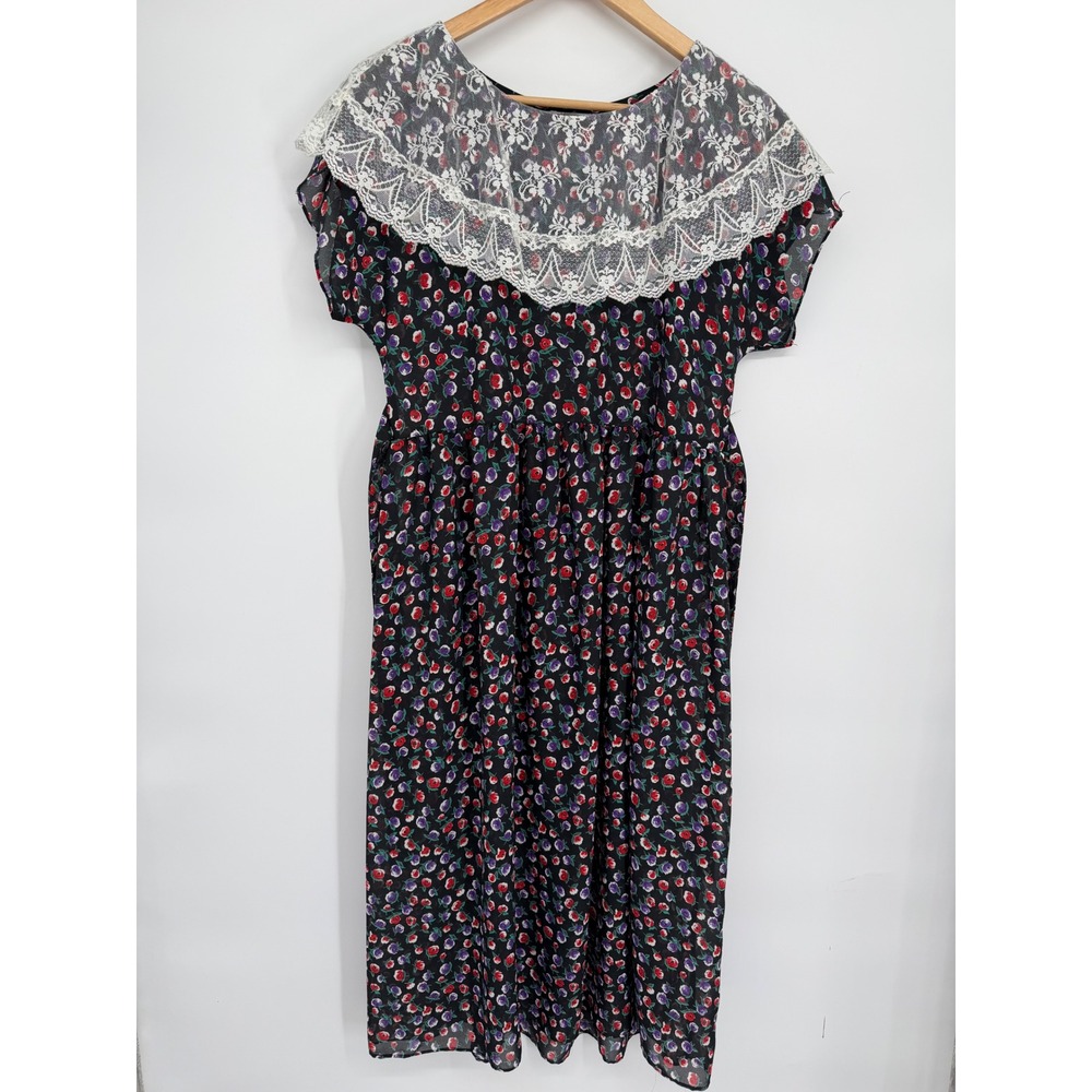 Vintage Gunne Sax Jessica McClintock Floral Lace Cottagecore Dress Black 7/8